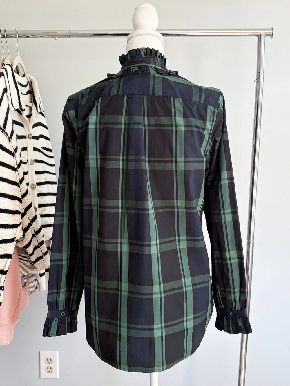 J.Crew Plaid Ruffle Jeweled Blouse 4
